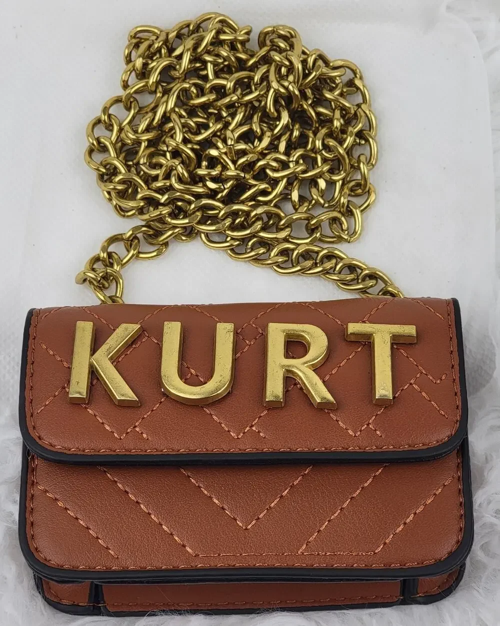 Designer Micro Mini Purse Brown Quilted Brass Spell Out Crossbody Chain Bag New